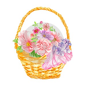 watercolor beautiful yellow basket with flowers clip in the style of on white background