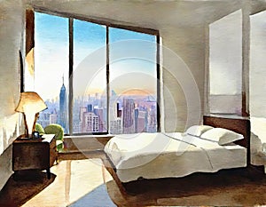 Watercolor of A bed in a bedroom next to a window with a city view and a lamp on a