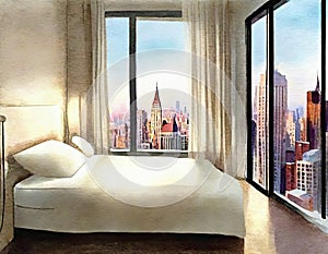 Watercolor of A bed in a bedroom next to a window with a city view and a lamp on a