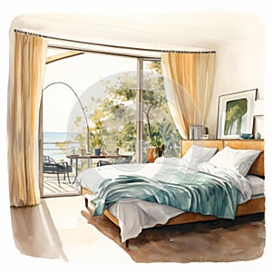 Watercolor Bedroom Illustration With Sea View