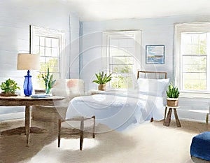 Watercolor of A bedroom with a white blue and a shiplap accent