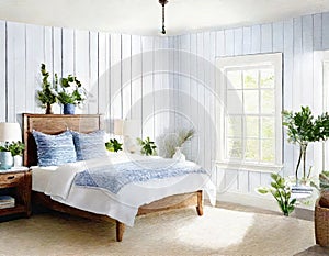 Watercolor of A bedroom with a white blue and a shiplap accent