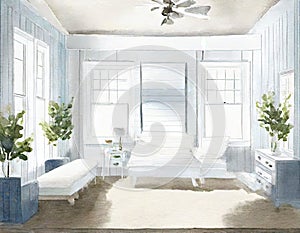 Watercolor of A bedroom with a white blue and a shiplap accent