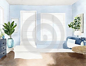 Watercolor of A bedroom with a white blue and a shiplap accent