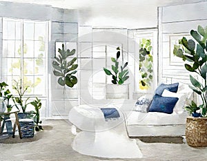 Watercolor of A bedroom with a white blue and a shiplap accent