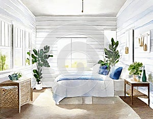 Watercolor of A bedroom with a white blue and a shiplap accent