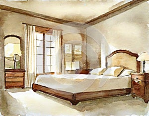 Watercolor of Bedroom with wooden beige framed