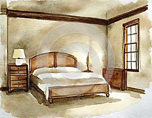 Watercolor of Bedroom with wooden beige framed