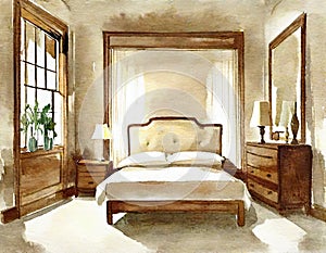 Watercolor of Bedroom with wooden beige framed