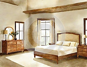 Watercolor of Bedroom with wooden beige framed