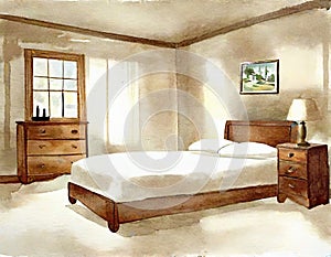 Watercolor of Bedroom with wooden beige framed