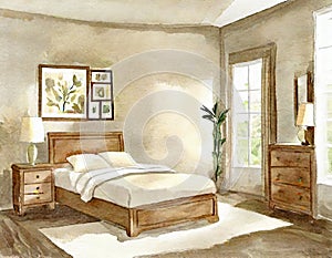 Watercolor of Bedroom with wooden beige framed