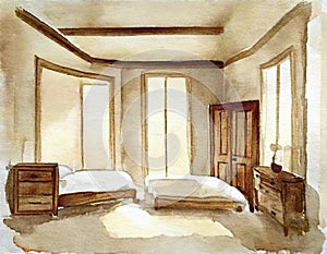 Watercolor of Bedroom with wooden beige framed