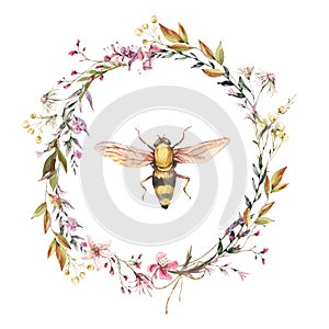 Watercolor bee illustration. Vintage wildflowers wreath