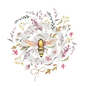 Watercolor bee illustration. Vintage wildflowers wreath. Natural botanical illustration
