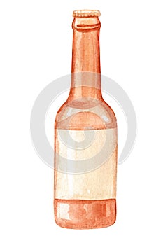 Watercolor beer brown bottle isolated on white
