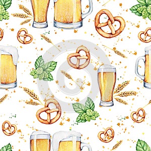 Watercolor beer glass and pint. Seamless pattern