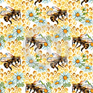 Watercolor bees, flowers and honeycombs seamless pattern