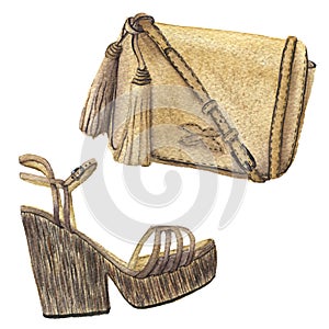 Watercolor beige bag with tassels and shoes with platform.