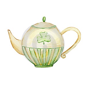 Watercolor beige teapot with green stripes