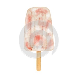 Watercolor berry ice cream. Hand drawn strawberry and white milk cream popsicle illustration isolated on white