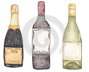 Watercolor beverages bottles clip art, birthday celebration, champagne illustration, drink clipart, food element print, wedding