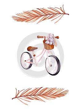 Watercolor bicycle with beautiful flower basket, toy rabbit and dry palm hand painted. Summer bike Illustration isolated