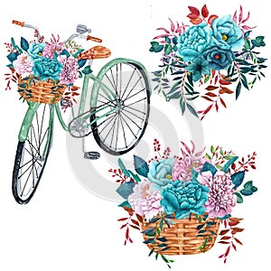 Watercolor Bicycle with Bouquets of teal flowers isolated on white background