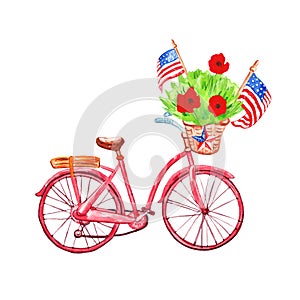 Watercolor bicycle with patriotic decor for memorial day cards. 4th of july banner with US flags and poppies, isolated on white