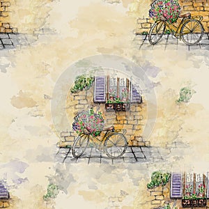 Watercolor bicycle seamless pattern near old building