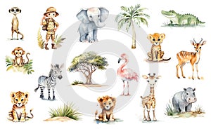 Watercolor big safari set isolated on white. African safari animals - elephant, giraffe, crocodile, tiger, lion, cheetah, zebra,