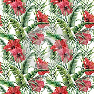 Watercolor big seamless pattern with banana leaves and hybiscus. Hand painted greenery tropical palm brunch and red