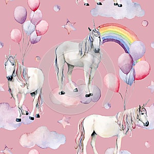 Watercolor big seamless pattern with unicorns and rainbow. Hand painted magic horses, clouds, stars and air ballon