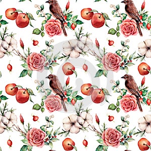 Watercolor big seamless patttern with bird and apple. Hand painted floral illustration with cotton, dogrose, rose