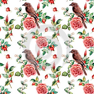 Watercolor big seamless patttern with bird and rose. Hand painted floral illustration with snowberries, dogrose, leaves