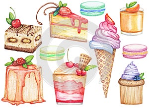 Watercolor big set of desserts. Hand drawn illustration