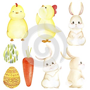 watercolor big set rabbit chick agg carrot easte