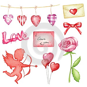 Watercolor big set with symbolics of St. Valentine`s Day photo