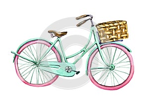 Watercolor bike. Element of greeting card. Tiffany color bicycle. Spring, travel, helth lifestyle.