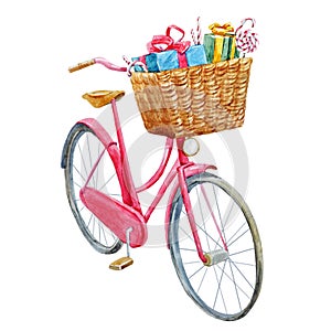 Watercolor bike with presents