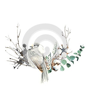 Watercolor Bird and Cotton Half Wreath Card