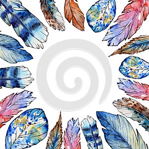 Watercolor bird feather frame from wing.