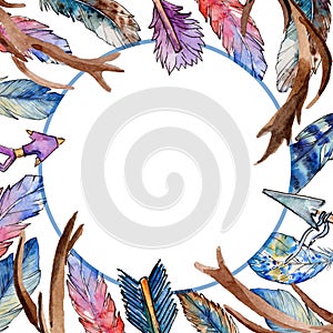 Watercolor bird feather frame from wing.