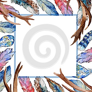 Watercolor bird feather frame from wing.