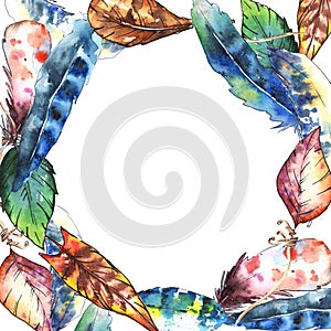 Watercolor bird feather frame from wing.