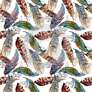 Watercolor bird feather pattern from wing.