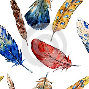 Watercolor bird feather from wing isolated. Seamless background pattern.