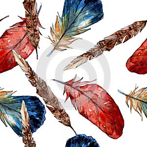 Watercolor bird feather from wing isolated. Seamless background pattern.