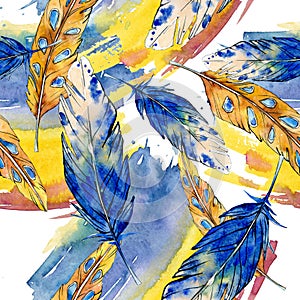 Watercolor bird feather from wing isolated. Seamless background pattern.