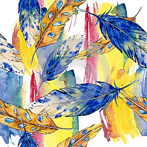 Watercolor bird feather from wing isolated. Seamless background pattern.